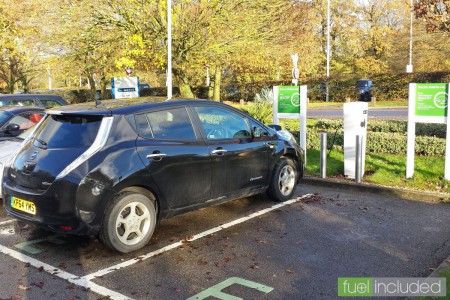 Nissan Leaf in one of the OU electric vehicle scheme parking spaces (Image: T. Larkum)