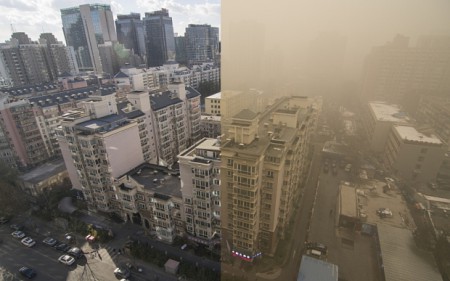 Two pictures of Beijing taken 24 hours apart show the Chinese capital engulfed by smog earlier this month (Image: Rex)