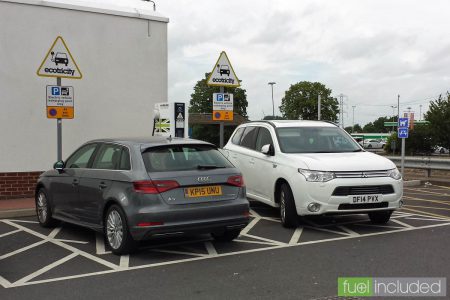 A full charge point at Newport Pagnell services, and my first ever sight of an Audi A3 e-tron (Image: T. Larkum)