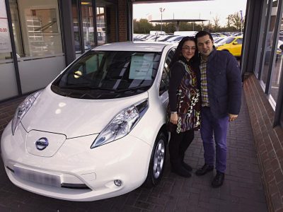 Petar Kralev and his wife, Lyuba, collecting their Nissan LEAF (Image: Evening Standard)