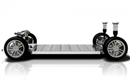 The Tesla ‘skateboard’ chassis including batteries, motor and suspension (Image: Tesla Motors)