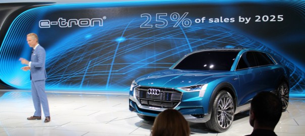 Audi of America president Scott Keogh with Audi e-Tron Quattro Concept, 2015 Los Angeles Auto Show